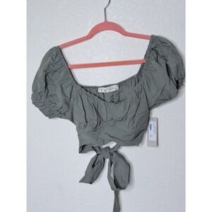 NWT Babydoll Linen Blend Crop Top S Green Milkmaid Puff Sleeve Cottagecore